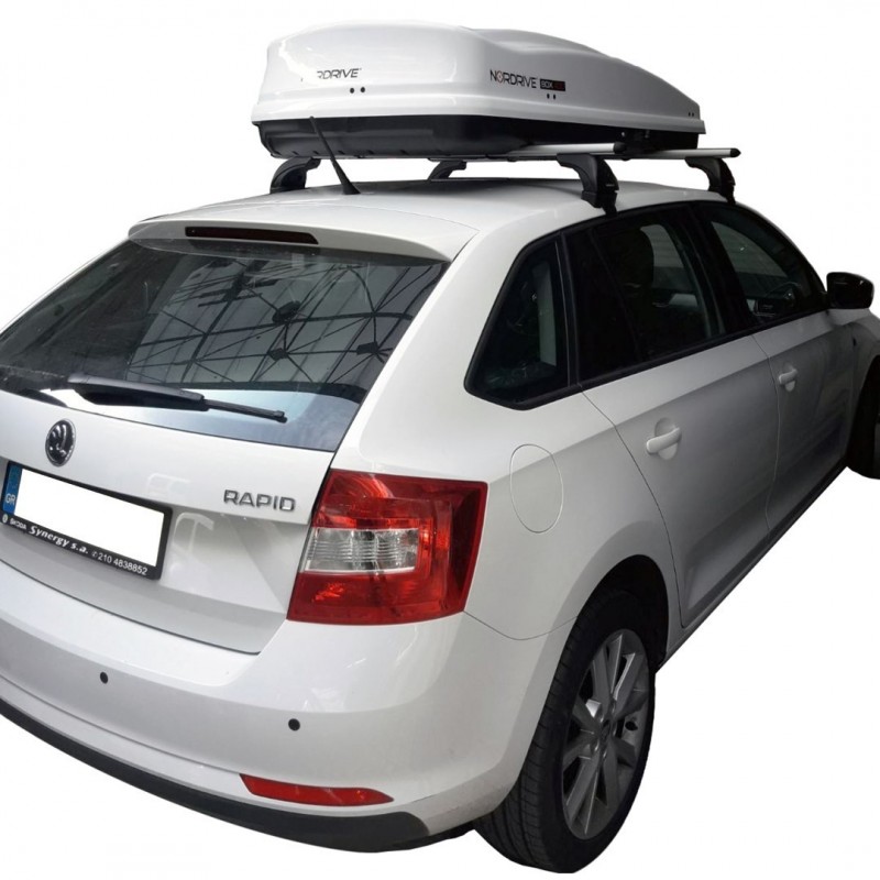 SKODA RAPID SPACEBACK 5D 2013+ ΜΠΑΡΕΣ ΟΡΟΦΗΣ ΑΛΟΥΜΙΝΙΟΥ ΚΑΙ ΜΠΑΓΚΑΖΙΕΡΑ BOX 430 LT (ΛΕΥΚΗ/ΓΥΑΛΙΣΤΕΡΗ) NORDRIVE