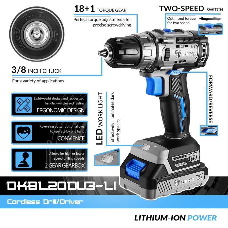 Δραπανοκατσάβιδο Μπαταρίας Λιθίου 20V BRUSHLESS 2.0Ah DEKO DKBL20DU3-S3