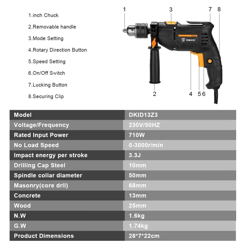 Ηλεκτρικό Κρουστικό Δράπανο 710W DEKO DKID13Z3-S1