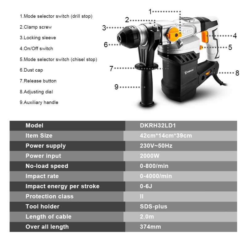 Κρουστικό Περιστροφικό Πιστολέτο SDS PLUS 2000W 6J DEKO DKRH32LD1