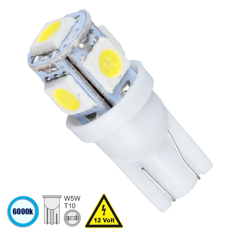 GloboStar® 81050 Λάμπα Αυτοκινήτου T10 W5W LED 5 SMD 5050 2W 300lm 360° DC 12V IP20 Ψυχρό Λευκό 6000K