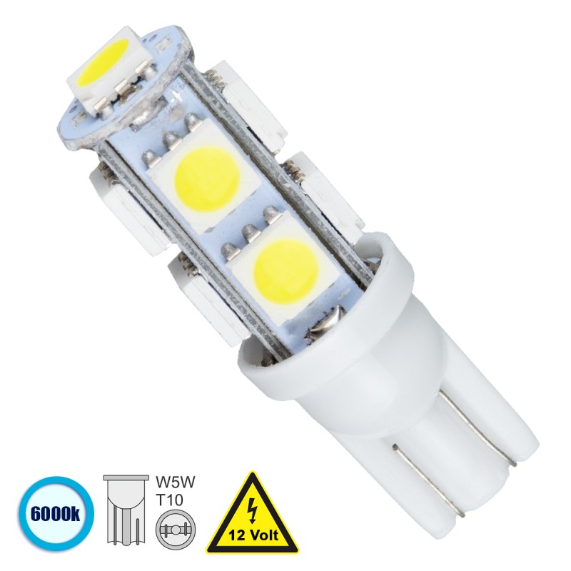 GloboStar® 81056 Λάμπα Αυτοκινήτου T10 W5W LED 9 SMD 5050 2.5W 375lm 360° DC 12V IP20 Ψυχρό Λευκό 6000K