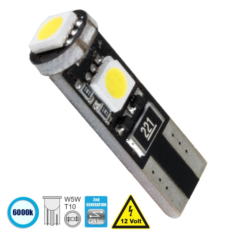 GloboStar® 81088 Λάμπα Αυτοκίνητου T10 W5W 2rd Generation Can-Bus Series LED 3 SMD 5050 2W 300lm 360° DC 12V IP20 Ψυχρό Λευκό 6000K