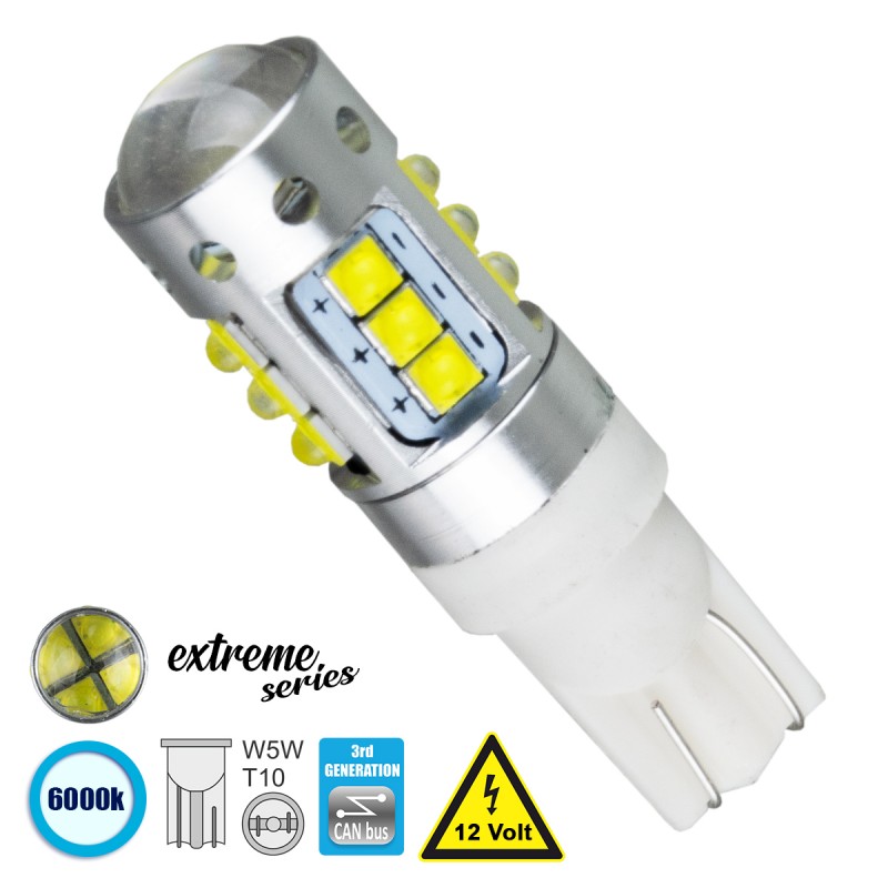 GloboStar® 81120 Λάμπα Αυτοκίνητου T10 W5W 3rd Generation Can-Bus Extreme Series LED 16 CREE XBD 15W 423lm 360° DC 12V IP20 Ψυχρό Λευκό 6000K