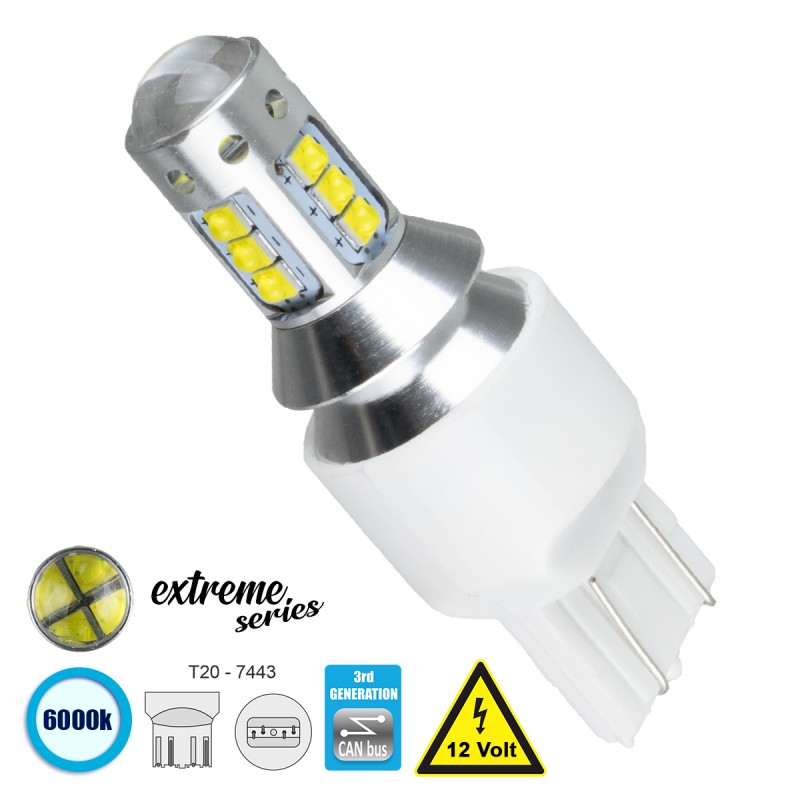 GloboStar® 81166 Λάμπα Αυτοκίνητου T20 - 7443 - W21/5W 3rd Generation Can-Bus Extreme Series LED 16 CREE XBD 15W 2115lm 360° DC 12V IP20 Ψυχρό Λευκό 6000K