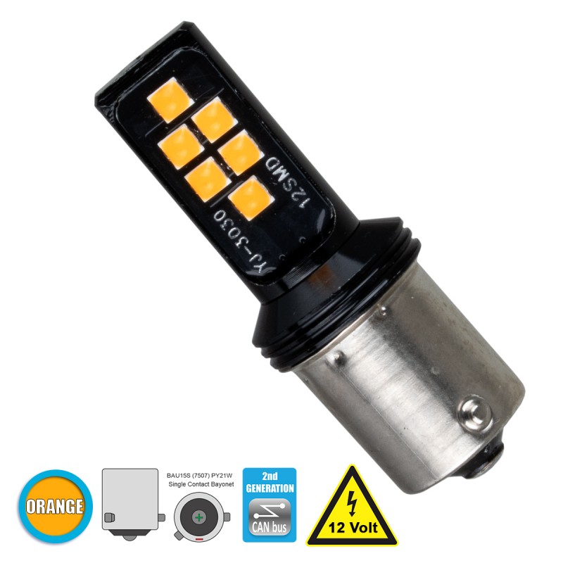 GloboStar® 81247 Λάμπα Αυτοκίνητου 7507 - BAU15S - PY21W 2nd Generation Can-Bus Series LED 12 SMD 3030 8W 960lm 360° DC 12V IP20 Πορτοκαλί