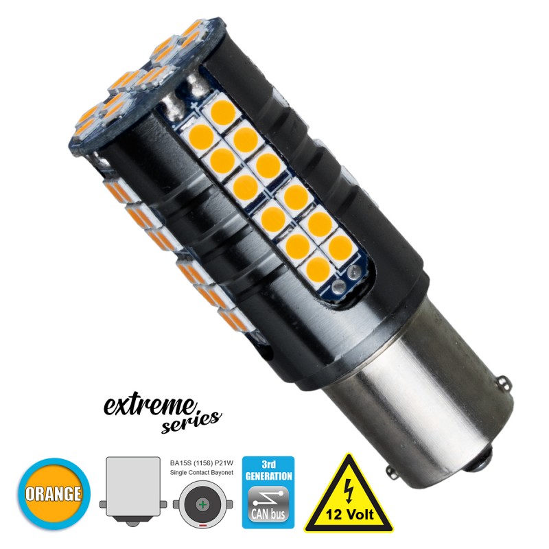 GloboStar® 81251 Λάμπα Αυτοκίνητου 1156 - BA15S - P21W 3rd Generation Can-Bus Extreme Series LED 66 SMD 3030 15W 1800lm 360° DC 12V IP20 Πορτοκαλί