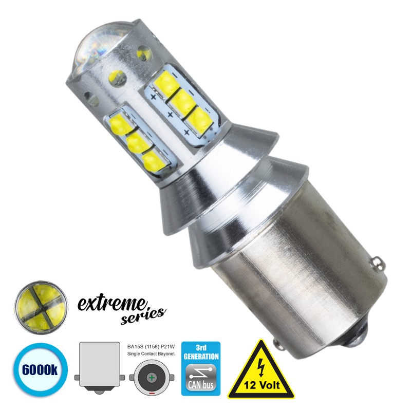 GloboStar® 81256 Λάμπα Αυτοκίνητου 1156 - BA15S - P21W 3rd Generation Can-Bus Extreme Series LED 16 CREE XBD 15W 2115lm 360° DC 12V IP20 Ψυχρό Λευκό 6000K