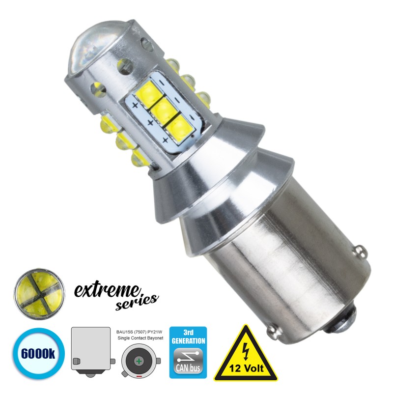 GloboStar® 81257 Λάμπα Αυτοκίνητου 7507 - BAU15S - PY21W 3rd Generation Can-Bus Extreme Series LED 16 CREE XBD 15W 2115lm 360° DC 12V IP20 Ψυχρό Λευκό 6000K