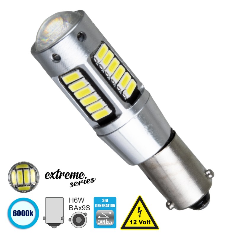 GloboStar® 81299 Λάμπα Αυτοκίνητου BAx9S - H6W 3rd Generation Can-Bus Extreme Series LED 30 SMD 4014 6W 900lm 360° DC 12V IP20 Ψυχρό Λευκό 6000K