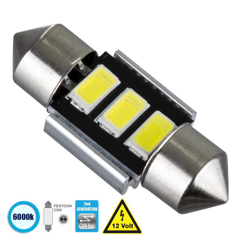 GloboStar® 81309 Λάμπα Αυτοκίνητου 31mm FESTOON - C5W 2nd Generation Can-Bus Series LED 3 SMD 5630 2W 300lm 120° DC 12V IP20 Ψυχρό Λευκό 6000K