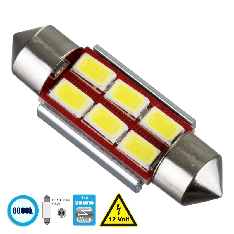 GloboStar® 81313 Λάμπα Αυτοκίνητου 36mm FESTOON - C5W 2nd Generation Can-Bus Series LED 6 SMD 5630 4W 600lm 120° DC 12V IP20 Ψυχρό Λευκό 6000K