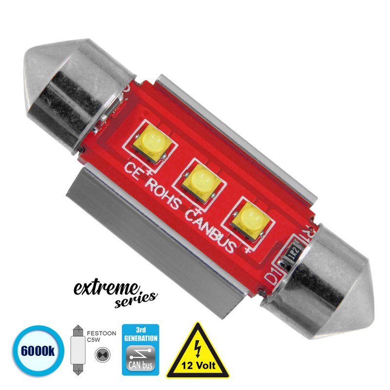 GloboStar® 81325 Λάμπα Αυτοκίνητου 36mm FESTOON - C5W 3rd Generation Can-Bus Extreme Series LED 3 CREE XBD 7.5W 1058lm 120° DC 12V IP20 Ψυχρό Λευκό 6000K