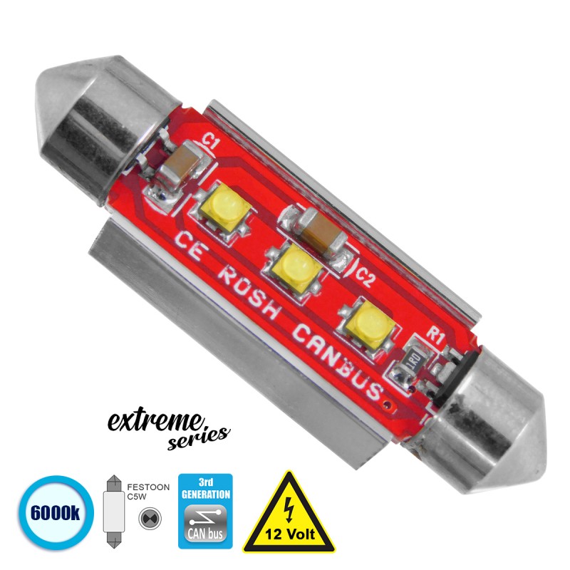 GloboStar® 81327 Λάμπα Αυτοκίνητου 42mm FESTOON - C5W 3rd Generation Can-Bus Extreme Series LED 3 CREE XBD 7.5W 1058lm 120° DC 12V IP20 Ψυχρό Λευκό 6000K