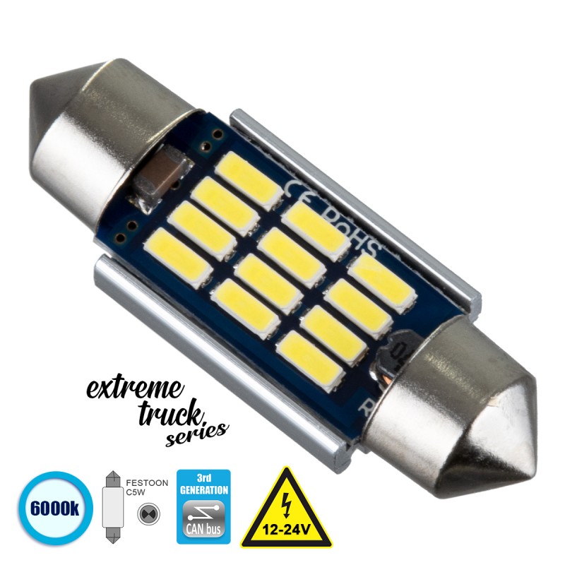 GloboStar® 81329 Λάμπα Αυτοκινήτου & Φορτηγού 36mm FESTOON - C5W 3rd Generation Can-Bus Extreme Truck Series LED 12 SMD 4014 3.6W 540lm 120° DC 12-24V IP20 Ψυχρό Λευκό 6000K