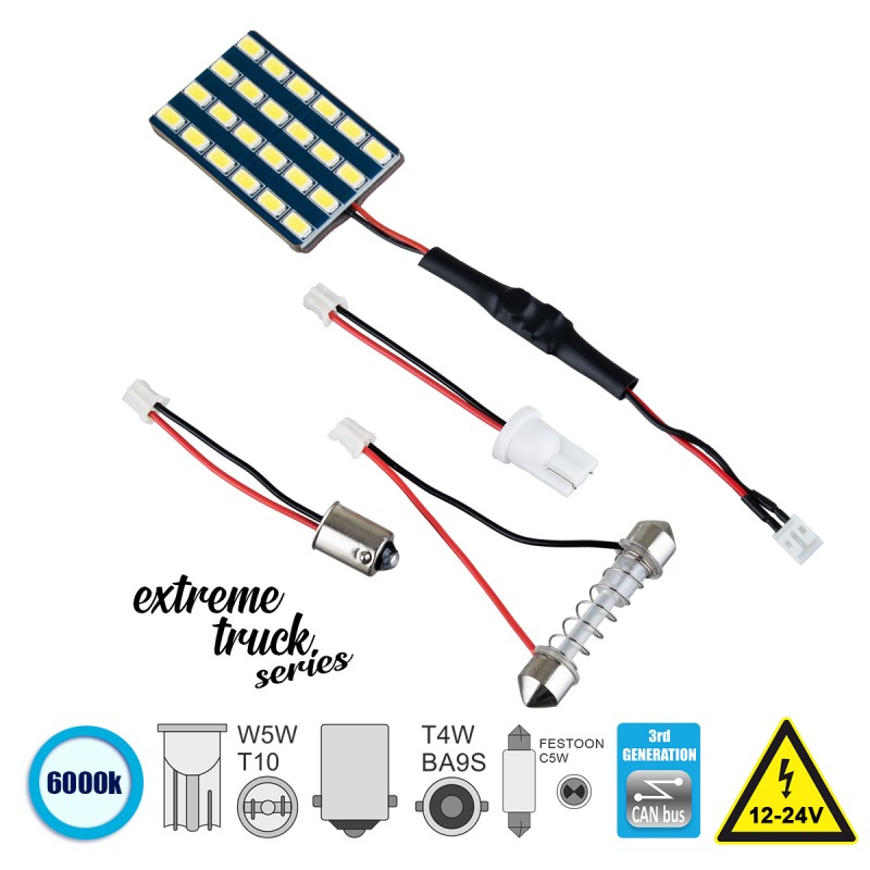 GloboStar® 81403 Λάμπα Αυτοκινήτου & Φορτηγού LED PCB PLATE - T10 - W5W - BA9S - T4W - FESTOON - C5W 3rd Generation Can-Bus Extreme Truck Series LED 24 SMD 5630 8W 1200lm 120° DC 12-24V IP20 Ψυχρό Λευκό 6000K