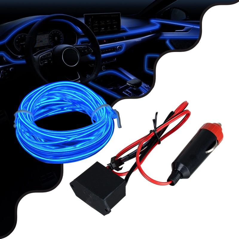 GloboStar® 82205 TUBE 360° Degree Διακοσμητική EL-Wire Neon Αυτοκινήτου Κορδόνι ΣΕΤ 3m 1W/3m 30lm/m 360° DC 12V με Βύσμα Αναπτήρα Αυτοκινήτου Αδιάβροχη IP68 Μπλε